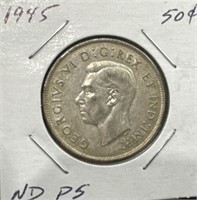 1945 50 Cents Silver Coin- Narrow Date (ND)