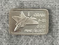 1 Gram .999 Fine Silver Bar With F-22 Raptor Image