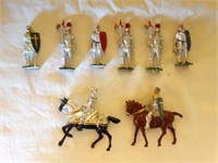Antique 6 metal toy knights- 2 horses marked