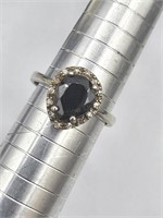Sterling & Diamond Black Gemstone Ring Sz 8.5
