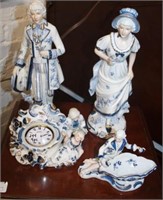 4pc Blue/White Porcelain Figures, Clock by
