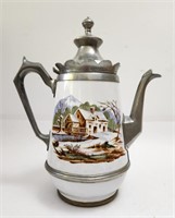 Pewter & Enamel Coffee Pot Farm Scene H: 11"