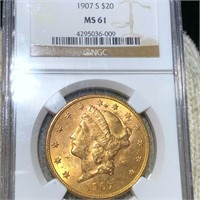 1907-S $20 Gold Double Eagle NGC - MS61