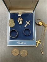 ESTATE LOT OF GOLD TONE JEWELRY & 2 WHEAT PENNIES