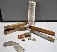 5 Vintage Rulers, Badges, Tags, Thermometer
