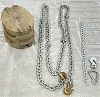 (M) Lot: Wooden Double Pulley, Chains, & Hooks