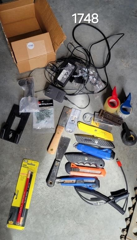 Utility knives, scrapers, cord, tape