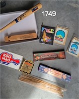 Incense, small baseball bat, misc