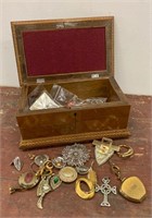 Old Wooden Case with Costume Jewelry