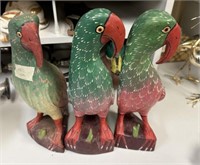Three Indo Hand Carved Wood Parrots