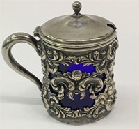 Sterling Silver & Cobalt Glass Mustard Jar