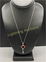 STERLING SILVER RED STONE KEY PENDANT NECKLACE