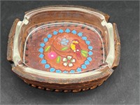 Glass Oval Ashtray Tooled Leather Holder Bird