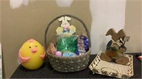 Easter Basket w/grass, chicken candle,wooden