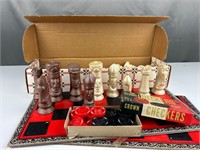 Vintage ceramic chess set and boards checkers