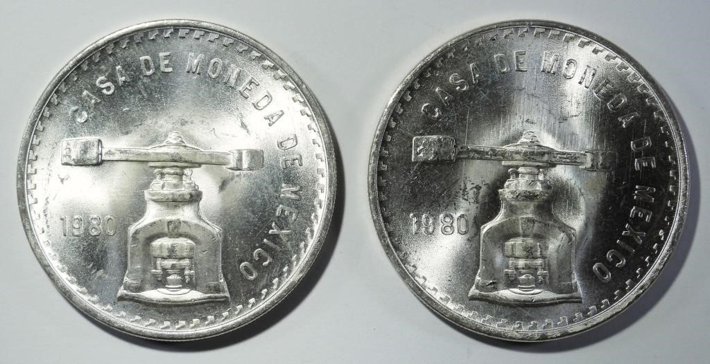 2- 1980 MEXICO UNA ONZA .925 SILVER COIN