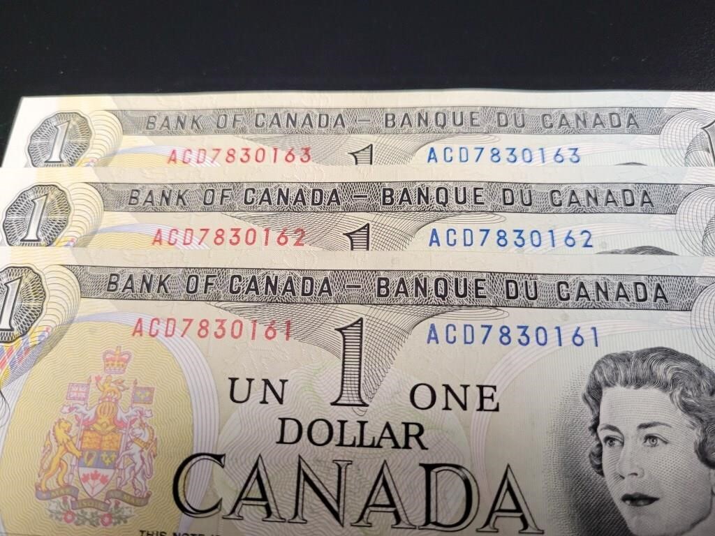 3 Canadian Consecutive Serial Number 1$ Notes 1973