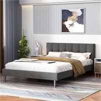 Queen Size Fabric Upholstered Platform Bed Frame w