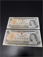2 Canadian Consecutive Serial Number 1$ Notes 1973