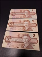 3 Canadian 2$ Bank Notes 1983