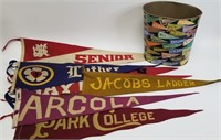 Lot of 6 Pennants and Metal Trash Can