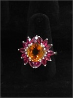 18kt gold ring, size 7 3/4, with garnet and topaz
