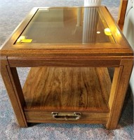 PAIR OF BASSETT 1 DRAWER GLASS TOP END TABLES