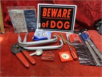 Shower curtain hooks, Beware Dog sign, assorted