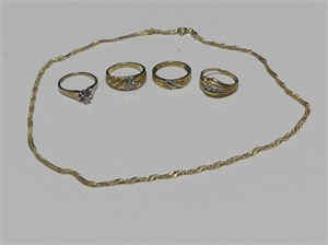 STERLING NECKLACE  AND FOUR STERLING RINGS