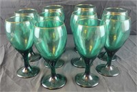 10 Green glass gold rimmed stemware