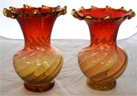 Pair of 10" Amberina Art Glass Hand Blown Vase