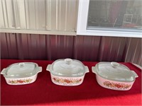 Three-piece corning, ware, mid-century casserole,