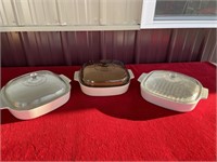 Three corning ware square glass lids casseroles
