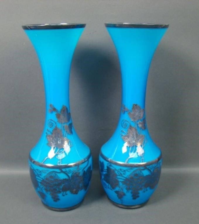 Pair Consolidated Regent Line Blue Decorated Vases