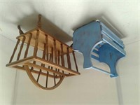 Blue wood basket and wood magazine rack