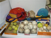 SPORTS GROUP WITH RACQUETS, BALLS, FRISBEES,