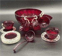 Ruby Red Plastic Punch Bowl W/ Cups