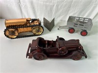 Marx Tractor Crawler, Marx Wagon, & Wooden Car