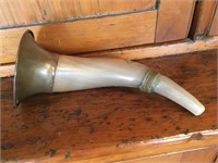 antique hunting horn-hand carved, brass accents