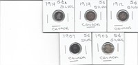 5 EARLY CANADA 5 CENT SILVER PIECES