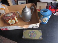 teapot,tins & brass box