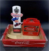 Assorted Coca~Cola memorabilia:  wood crate, bottl