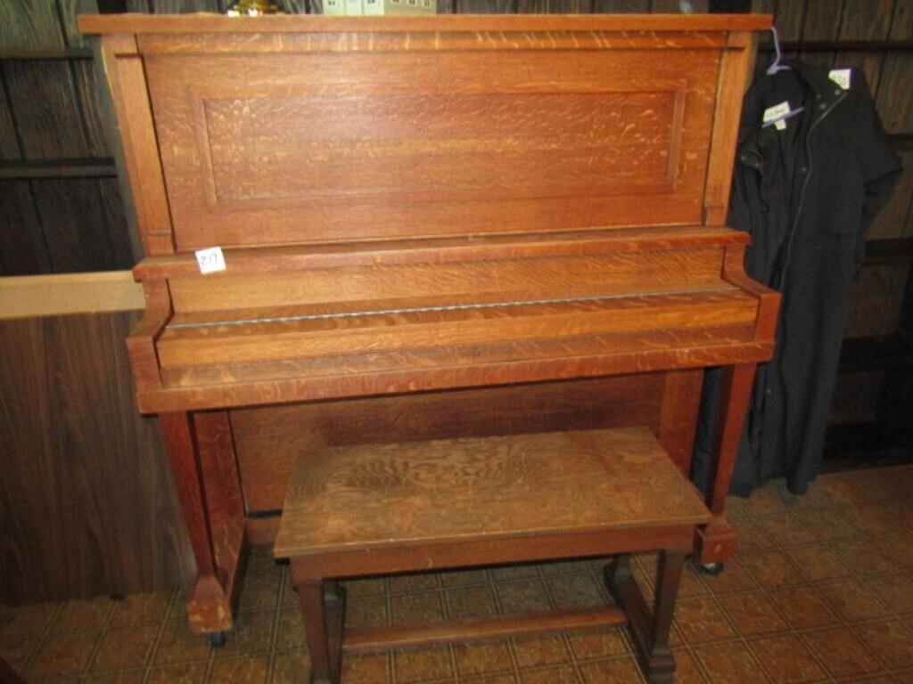 ANTIQUE OAK UPRIGHT PIANO W/ BENCH