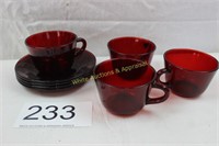 Vintage Ruby Red Set of 4 Cups & Saucers