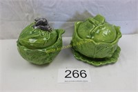 Pair of Ceramic Cabbage Covered Dishes