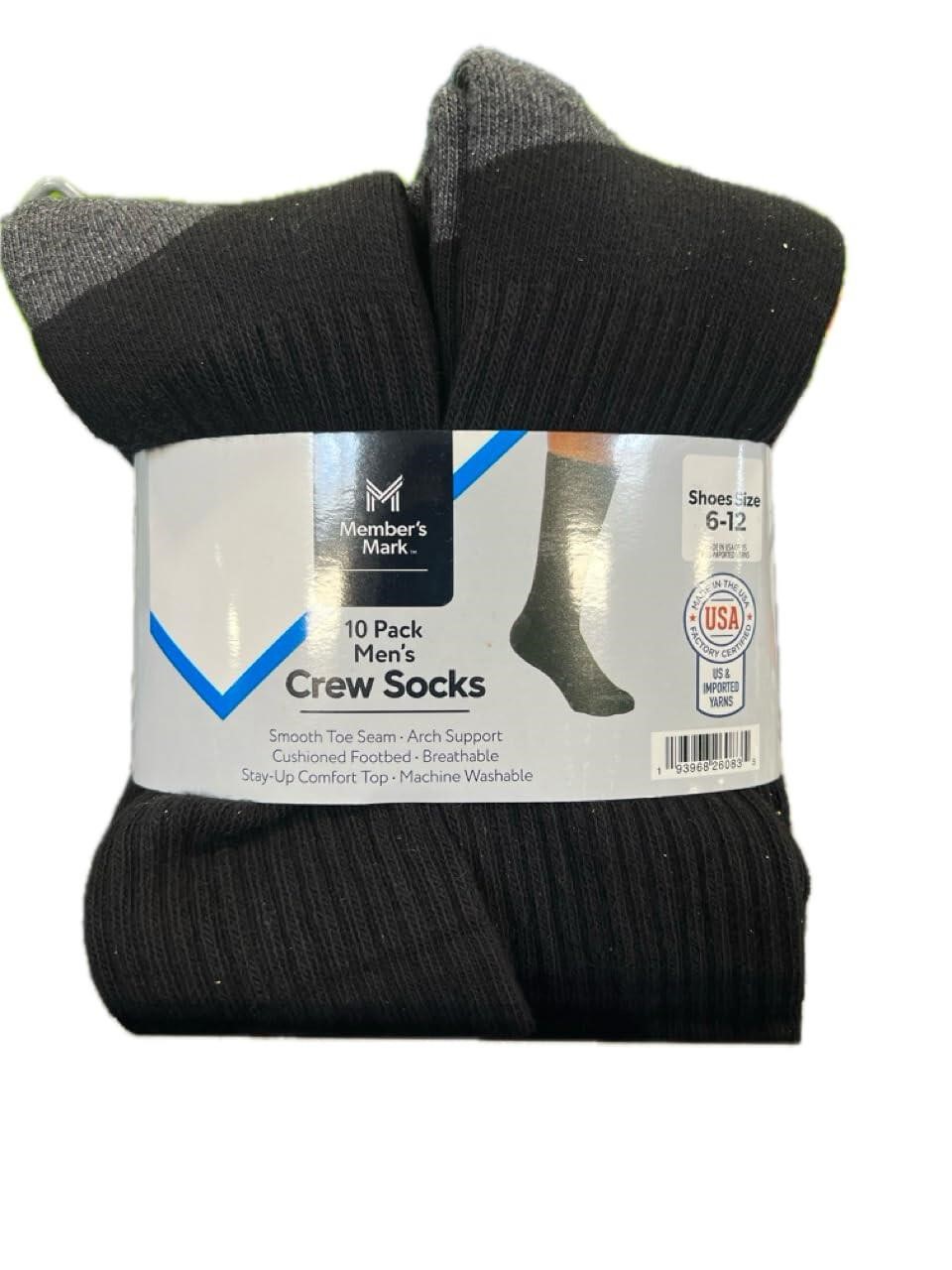 Members Mark 10 pk Crew Socks, 6-12, Black