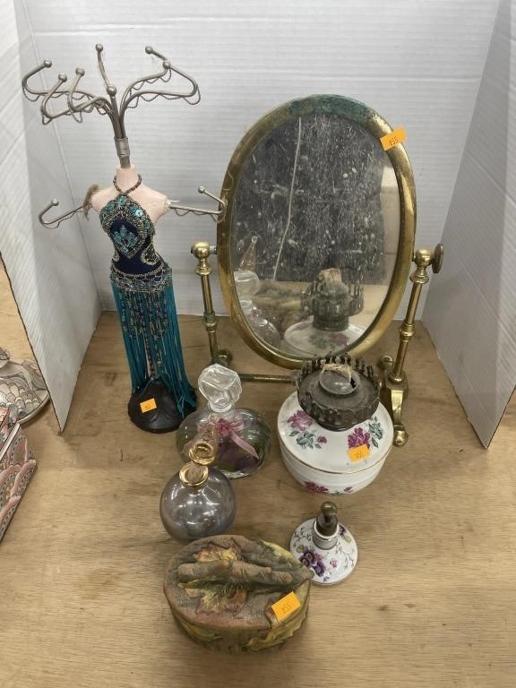 Vintage perfume bottles , jewelry holder, mirror