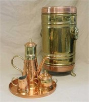 Copper and Brass Coffee Set and Waste Bin.