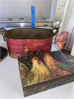 Metal rooster bucket and cardboard gift box