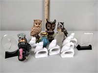 Owl figurines, napkin rings, mini cloisonné vase